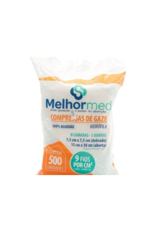 ICompressa de Gaze 09 Fios Não Estéril- Melhormed Embalagem com 500 compressas( dimensões 7,5 × 7,5 cm)tem sem título